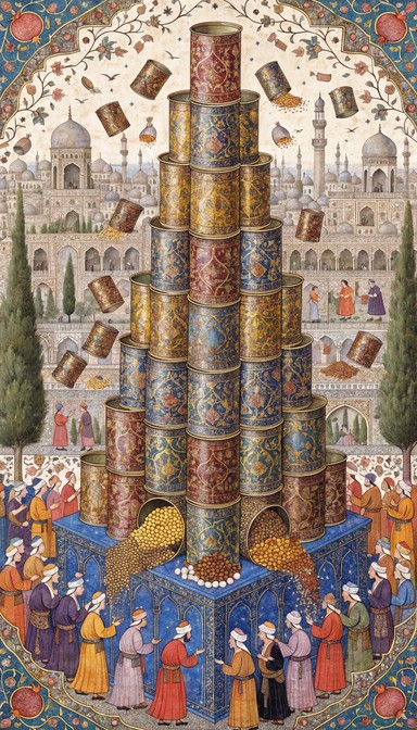 Ornate tin cans tower in a pyramid display at an enchanted Persian ...