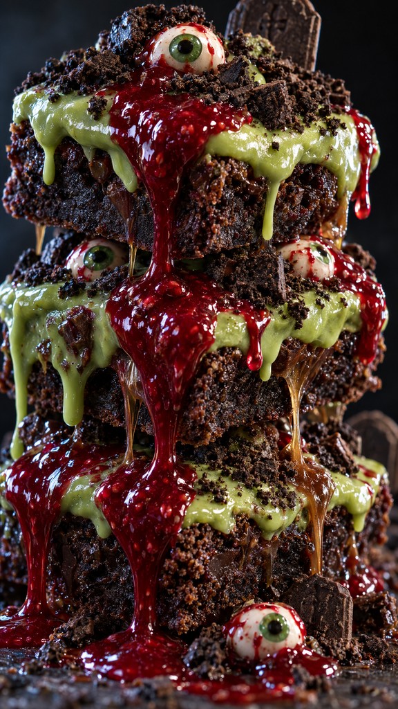 A tall stack of dark chocolate brownies covered in green glaze, red ...