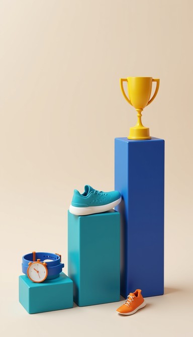 Athletic equipment including shoes and fitness trackers arranged on ...
