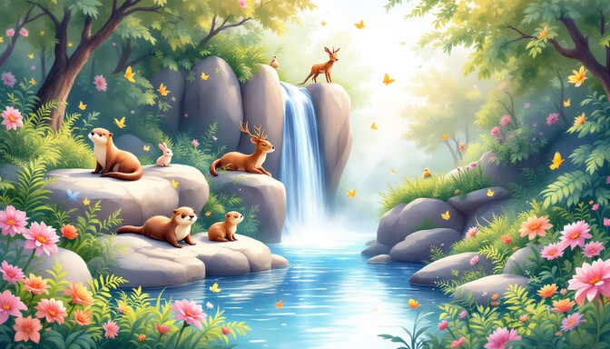 Scenery Waterfall With Rabbit Free Magical Waterfall Paradise Image - Waterfall, Illustration ...