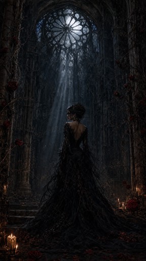 Medium Goth A woman in a long black lace gown stands in a dark ruined cathedral ...