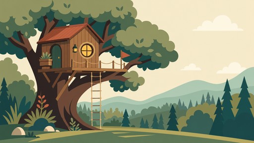 Flat vector illustration of a cozy wooden treehouse with a round ...