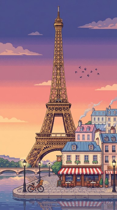 Pixel art illustration of the Eiffel Tower glowing at sunset above a ...