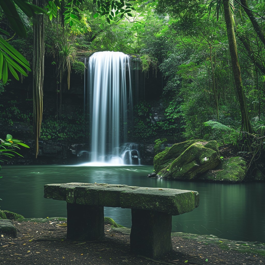 Free Serene Waterfall Escape Image - Waterfall, Bench, Tranquil ...