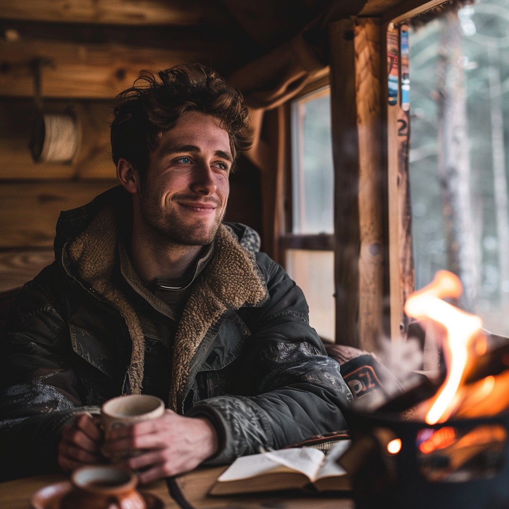 Download Cozy Winter Evening Image - Man, Cabin, Fireplace | StockCake