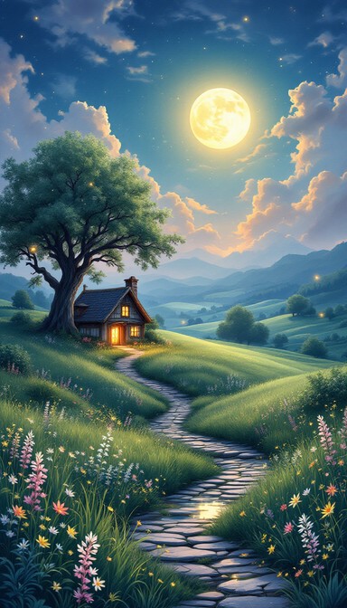 Moon Light Countryside Free Moonlit Cottage Dreams Image - Moonlight, Cottage, Meadow ...