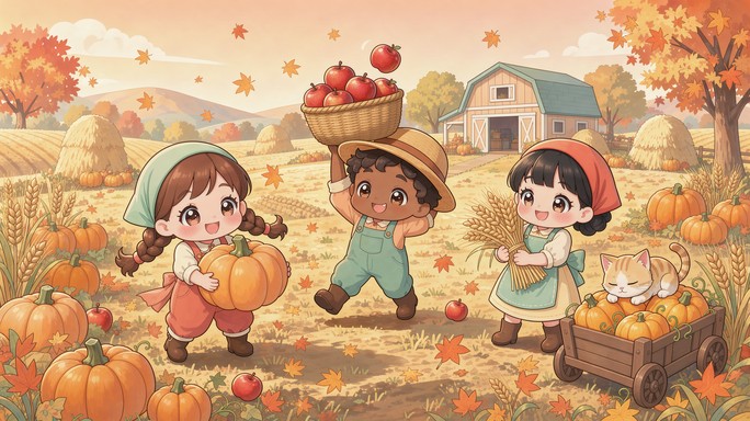 Three cheerful chibi children gather orange pumpkins, red apples, and ...