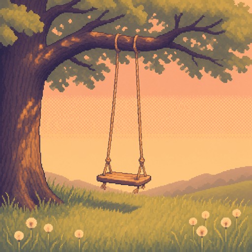 Pixel art illustration of a lone wooden swing hanging from an old oak ...