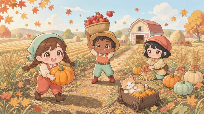 This cute kawaii anime illustration shows a cozy autumn harvest ...