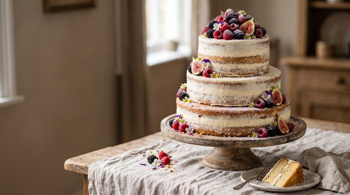 A tall three-tier naked cake with creamy vanilla frosting and fresh red ...