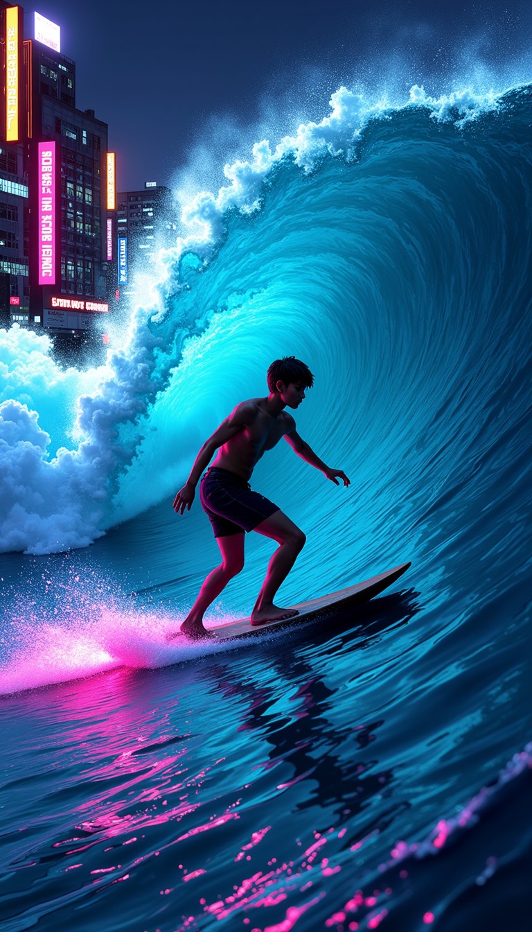 Neon Wave Riding Free Neon Wave Rider Image - Surfer, Neon, Wave | Download at StockCake