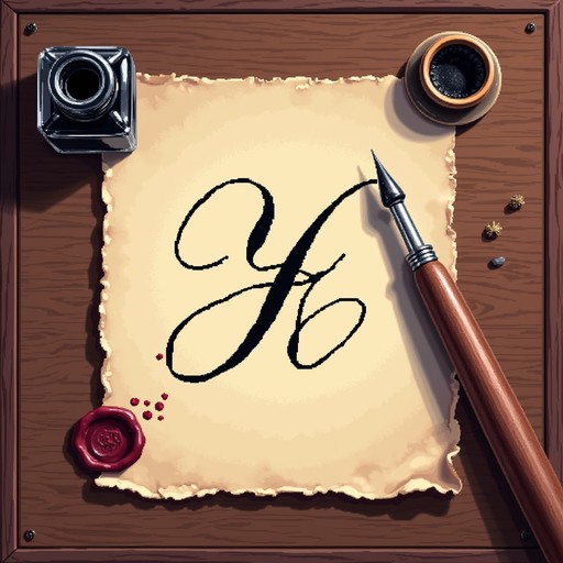 Pixel art depicts a calligrapher's desk featuring parchment with a ...
