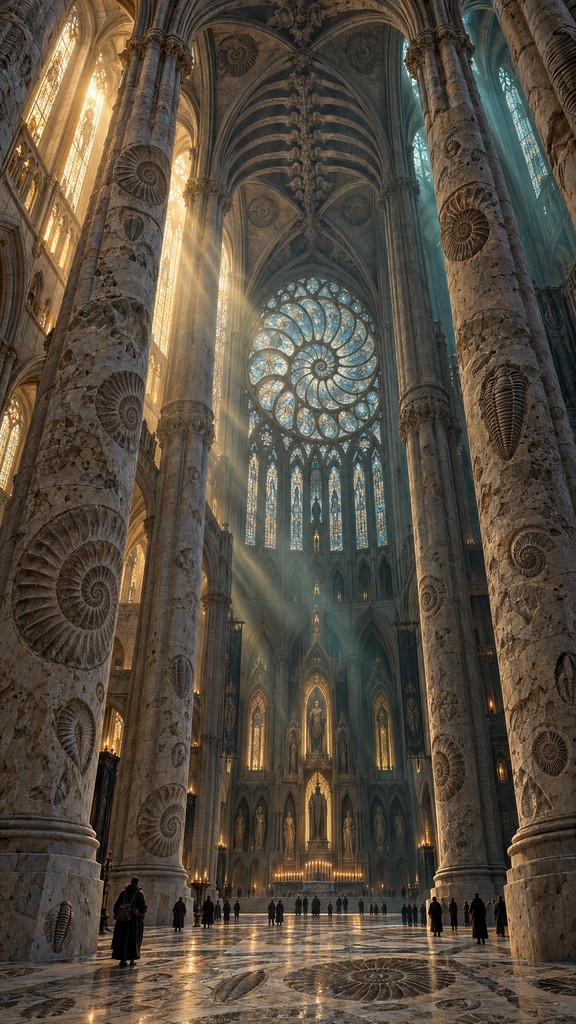Shellfish Limestone Golden and teal light beams stream through a huge gothic cathedral ...