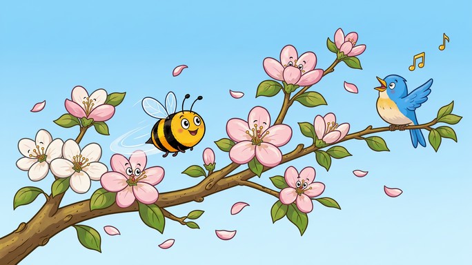 Tom Friends Color Spring This cheerful cartoon illustration shows a blooming apple tree branch ...