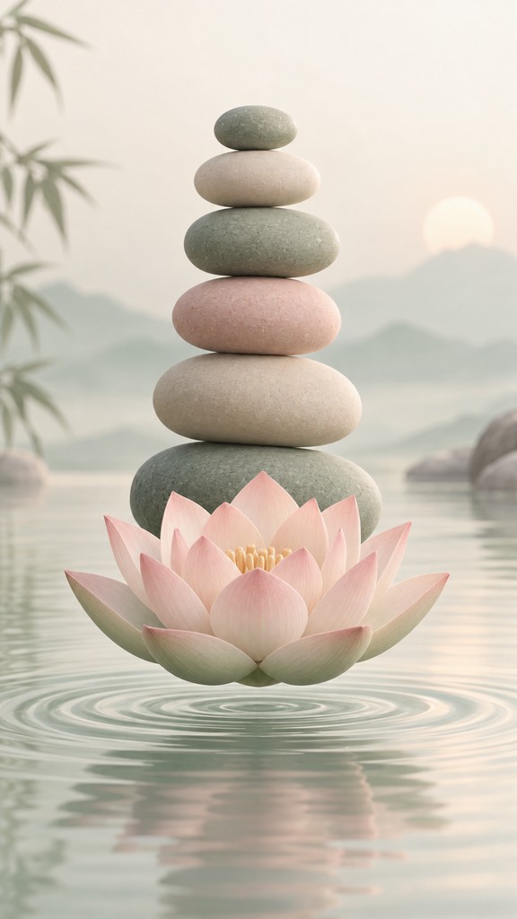 A smooth pink lotus flower with pale green tips rests on still, glassy ...