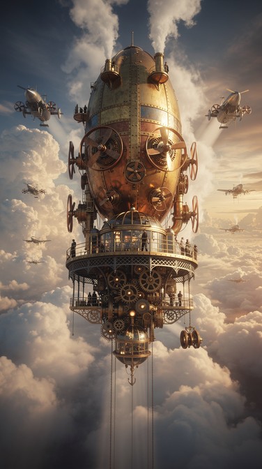 Massive brass steampunk airship rises through golden clouds with ...