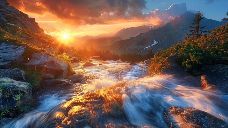 Free Sunset Mountain Stream Image - Sunset, Mountains, Waterfall ...