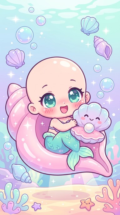 Kawaii chibi illustration of a happy little mermaid girl with big teal ...