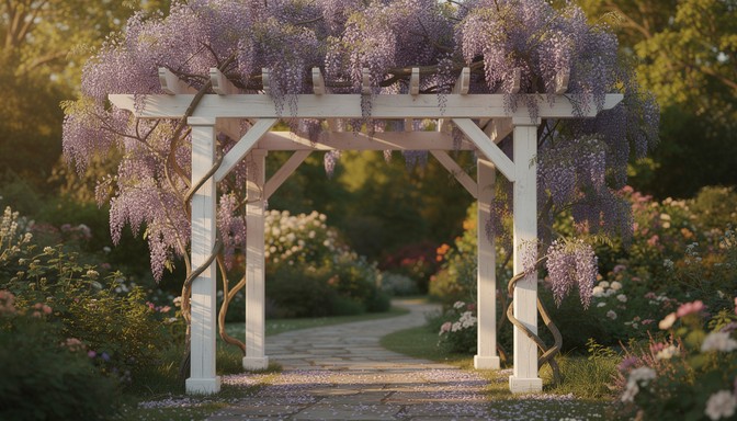 A charming white wooden pergola stands as an inviting entrance to a ...