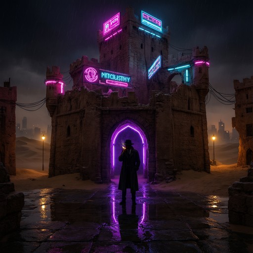 This neon noir digital illustration shows an old sandstone desert ...