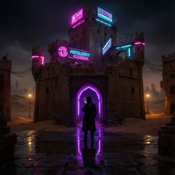 A lone man in a long coat stands under a glowing purple arch at a stone ...