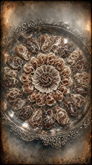 Elaborate circular arrangement of cured meats and deli cuts forming an ...