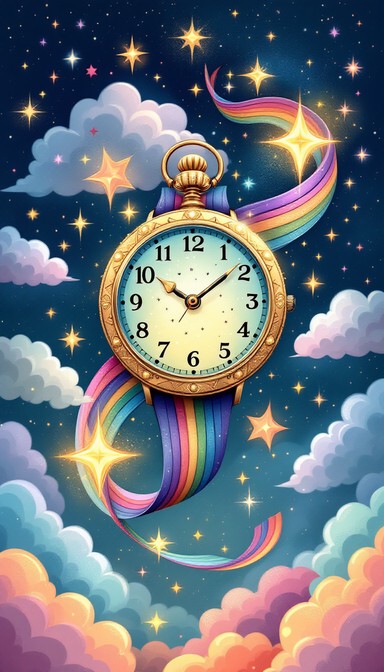 Magical Watch A magical pocket watch trails its rainbow ribbon through starlit clouds ...
