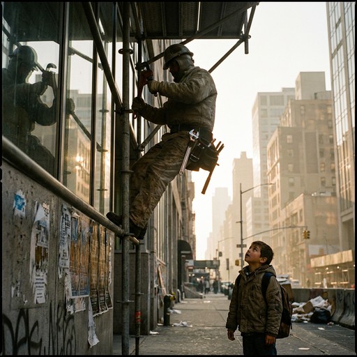 A construction worker balances on scaffolding high above a city street ...