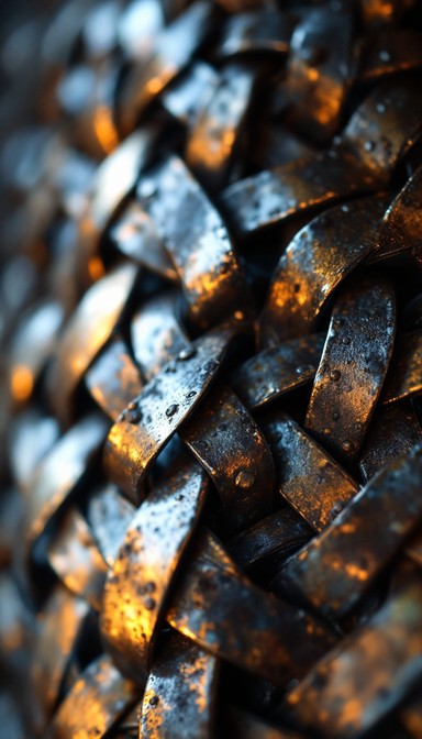 Weathered chainmail armor creates an intricate pattern of overlapping ...