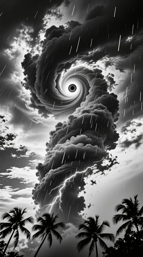 Storm Graphics Powerful tropical cyclone spirals upward in striking monochrome ...