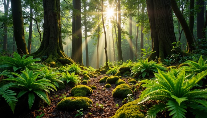 Free Sunlit Forest Path Image - Forest, Sunbeams, Ferns | Download at ...