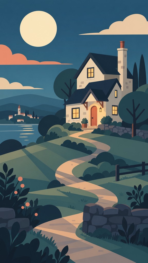Download Moonlit Hillside Cottage Image - Illustration, Vector, Flat ...