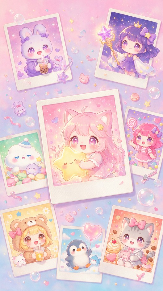 Adorable chibi anime characters with sparkling eyes arranged in pastel ...