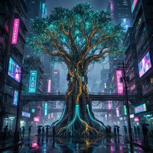 A giant glowing tree with teal leaves and golden branches rises from a ...