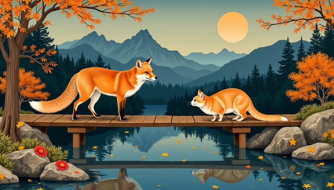 Free Autumn Bridge Encounter Image - Fox, Cat, Bridge | Download at ...