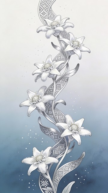 Delicate white edelweiss flowers cascade vertically in elegant ...