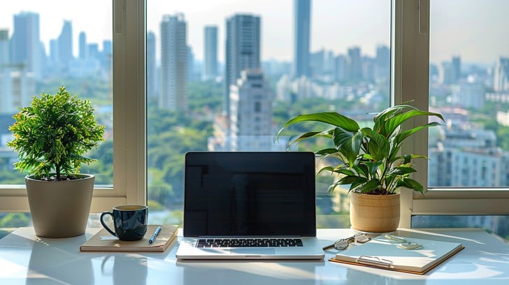 Free Urban Office View Image - Workspace, Laptop, Cityscape | Download ...