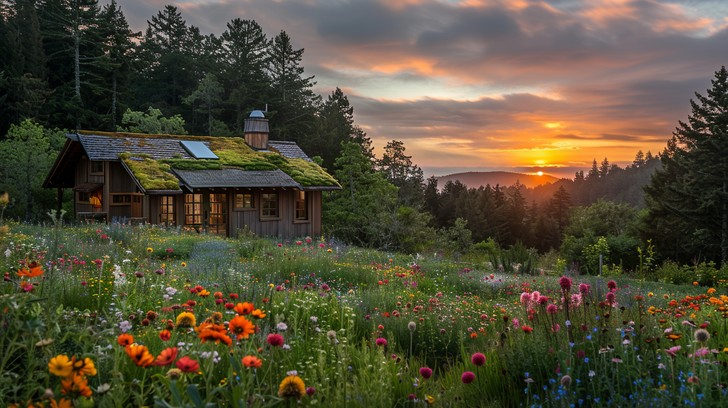 Download Rustic Sunset Bliss Image - Cottage, Sunset, Wildflowers ...