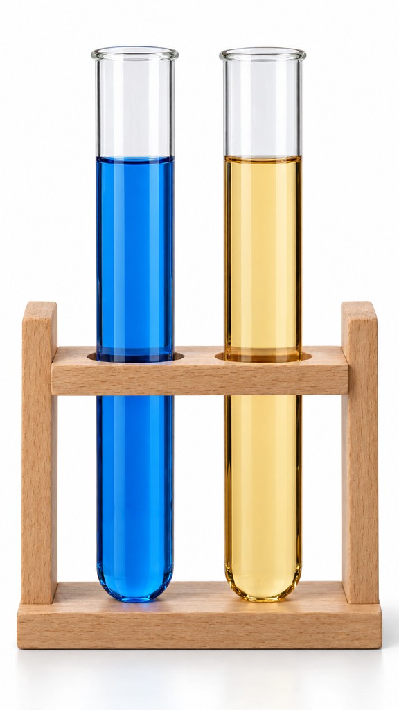 Test Tube Container Box Two tall glass test tubes, one filled with bright blue liquid and one ...