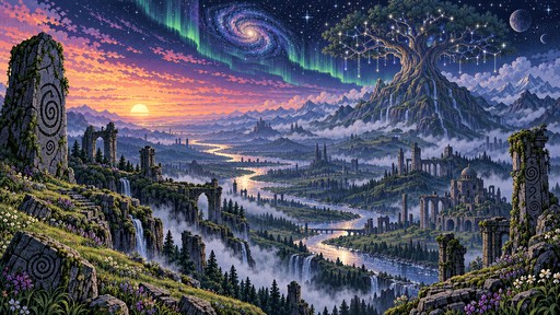 Pixel art fantasy landscape of