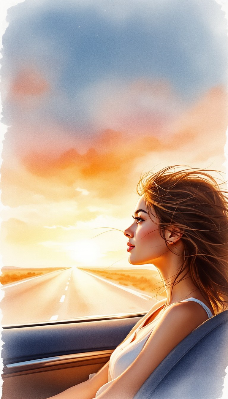 Free Chasing Sunset Dreams Image - Watercolor, Illustration, Woman ...