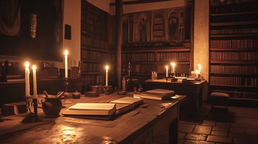 A candlelit library filled with ancient books and scrolls, evoking the Citadel of the maesters