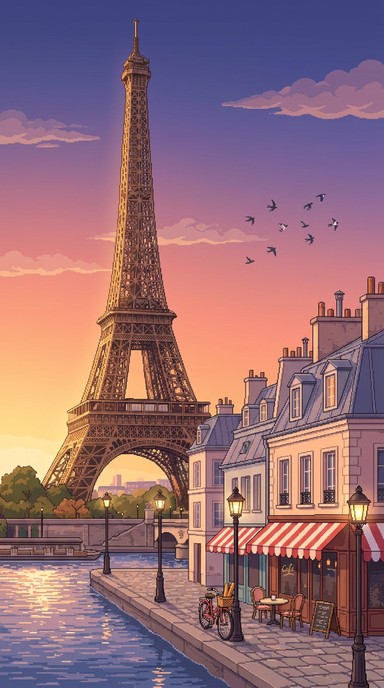 Pixel art illustration of the Eiffel Tower glowing at sunset above a ...