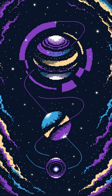 Minimalist pixel art showcasing three descending planets connected by ...