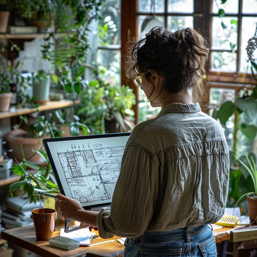Designeur A young female designer carefully examines architectural plans on her ...