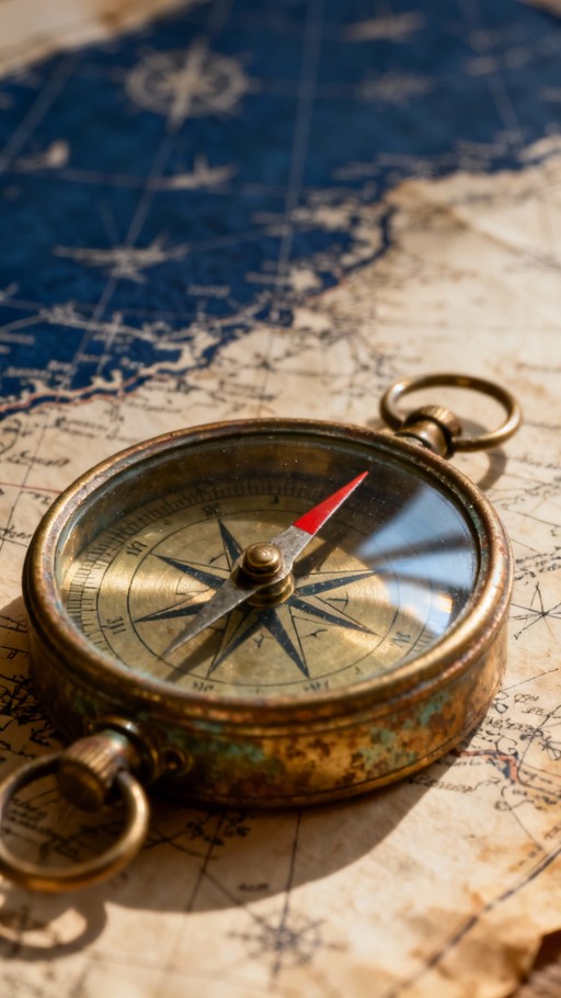 Antique brass compass with intricate details rests on vintage nautical ...