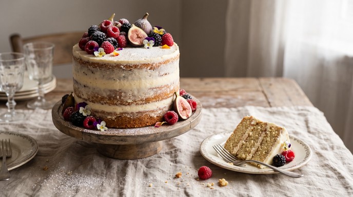 A rustic naked layer cake topped with red raspberries, dark ...