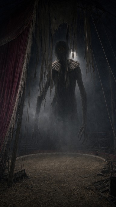 A towering dark figure stands in the mist at the back of an empty ...