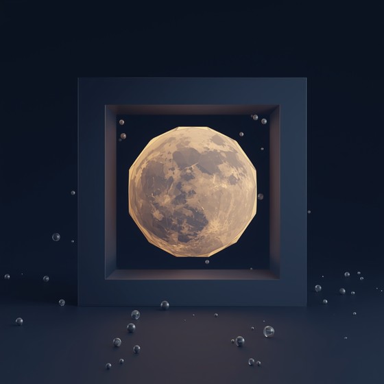 Moon Lines Math Minimalist 3D illustration featuring a faceted geometric moon centered ...