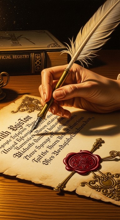 Parchment Stock Traditional painting depicting ceremonial document signing with antique ...